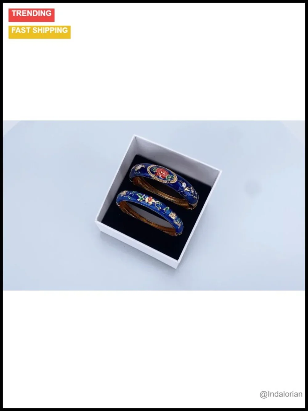 Set of 2 Cloisonne Enamel Bangle Bracelets, Handcrafted Alloy, Spring Hinge